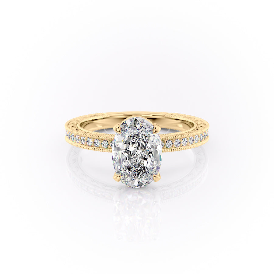 The Pave Sierra. A Yellow Gold Vintage Engagement Ring Set With A 2ct Oval Lab Grown Diamond. White Background.