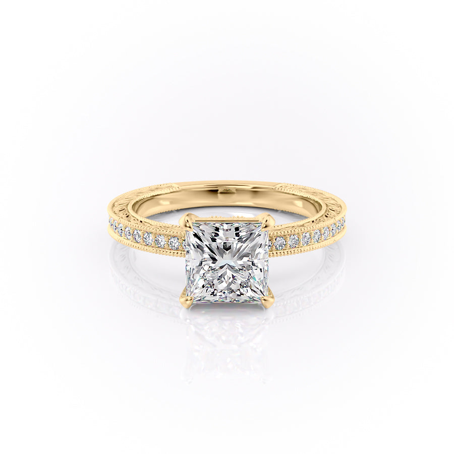 The Pave Sierra. A Yellow Gold Vintage Engagement Ring Set With A 2ct Princess Lab Grown Diamond. White Background.