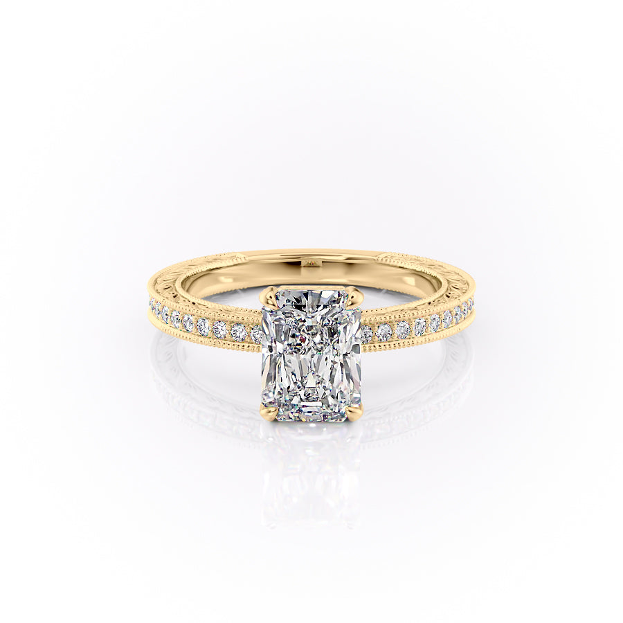 The Pave Sierra. A Yellow Gold Vintage Engagement Ring Set With A 2ct Radiant Lab Grown Diamond. White Background.