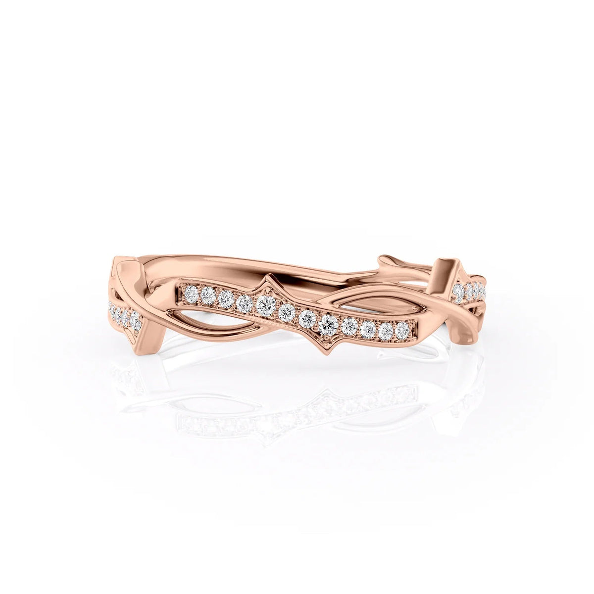 The Pave Twig. A Rose Gold Nature, Hidden Halo Wedding Band Set With 0.2tcw Round Lab Grown Diamonds. White Background.