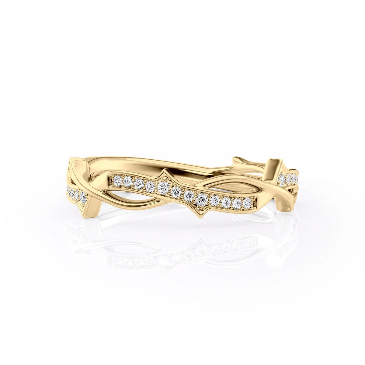 The Pave Twig. A Yellow Gold Nature, Hidden Halo Wedding Band Set With 0.2tcw Round Lab Grown Diamonds. White Background.