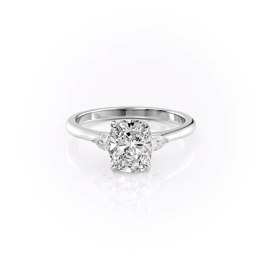 The Pears Liv. A White Gold Three Stone Engagement Ring Set With A 2ct Elongated Cushion Lab Grown Diamond. White Background.