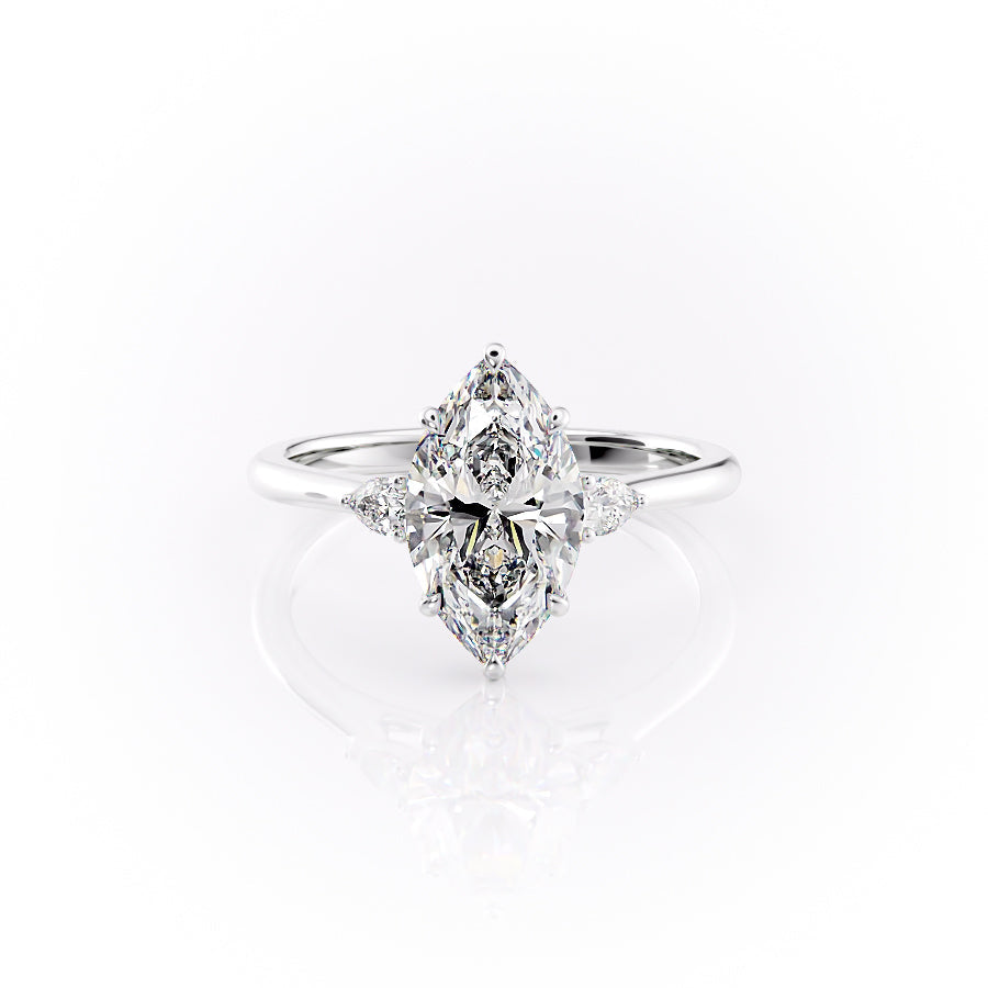 The Pears Liv. A White Gold Three Stone Engagement Ring Set With A 2ct Marquise Lab Grown Diamond. White Background.