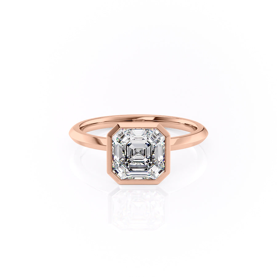 The Razor Bezel Kamellie. A Rose Gold Solitaire Engagement Ring Set With A 2ct Asscher Lab Grown Diamond. White Background.