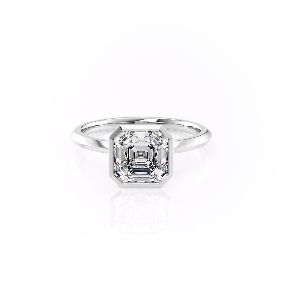 The Razor Bezel Kamellie. A White Gold Solitaire Engagement Ring Set With A 2ct Asscher Lab Grown Diamond. White Background.
