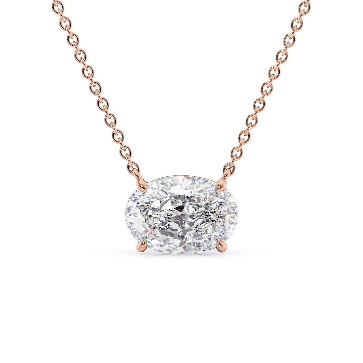 The Riley. A Rose Gold Pendant Set With A 2ct Oval Lab Grown Diamond. White Background.
