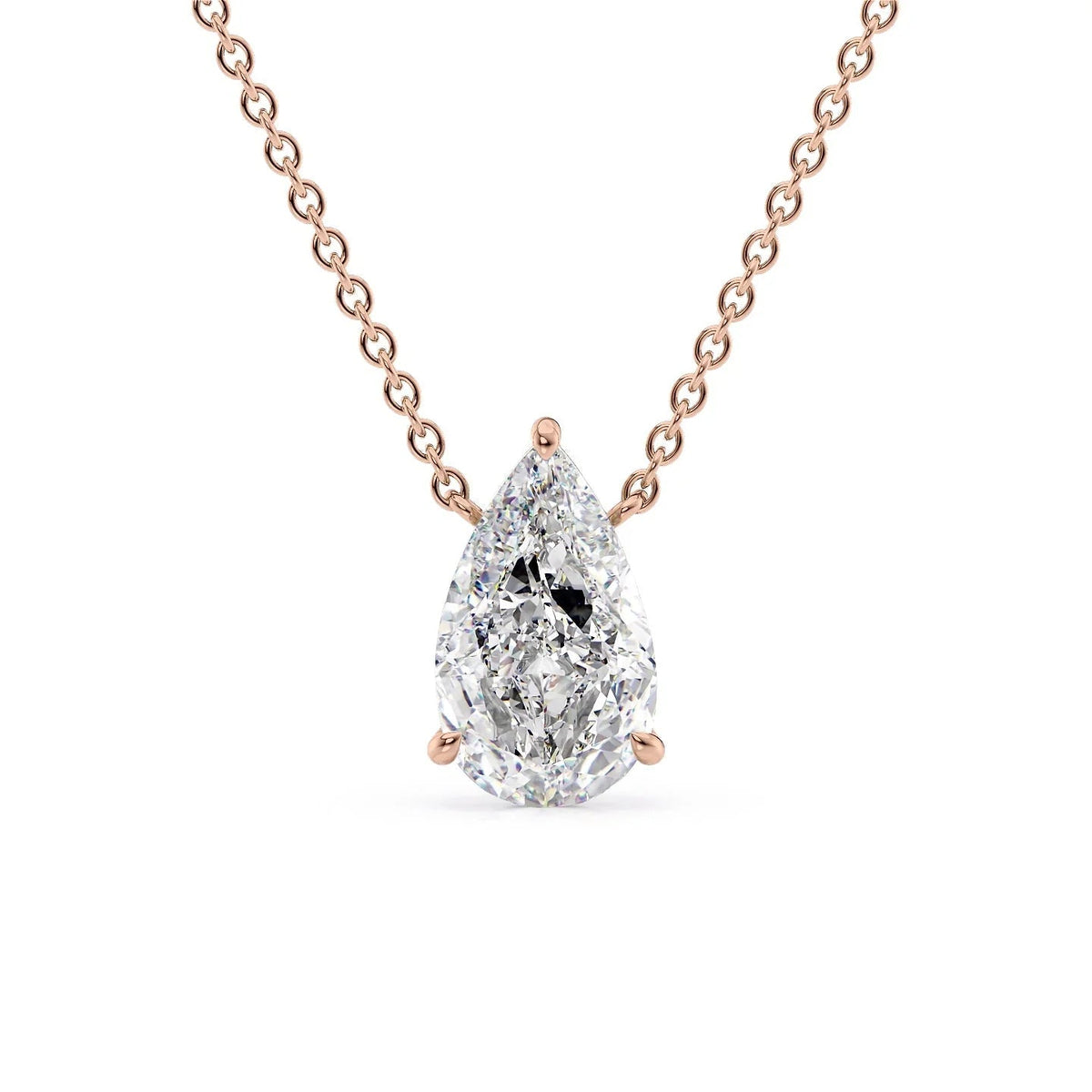 The Riley. A Rose Gold Pendant Set With A 2ct Pear Lab Grown Diamond. White Background.