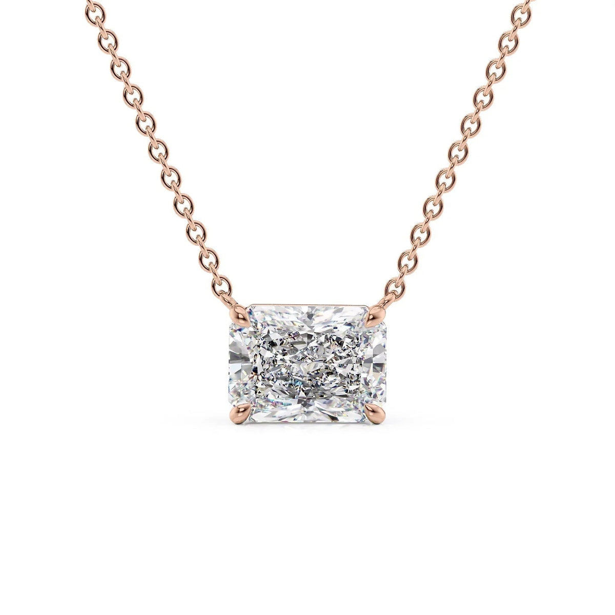 The Riley. A Rose Gold Pendant Set With A 2ct Radiant Lab Grown Diamond. White Background.
