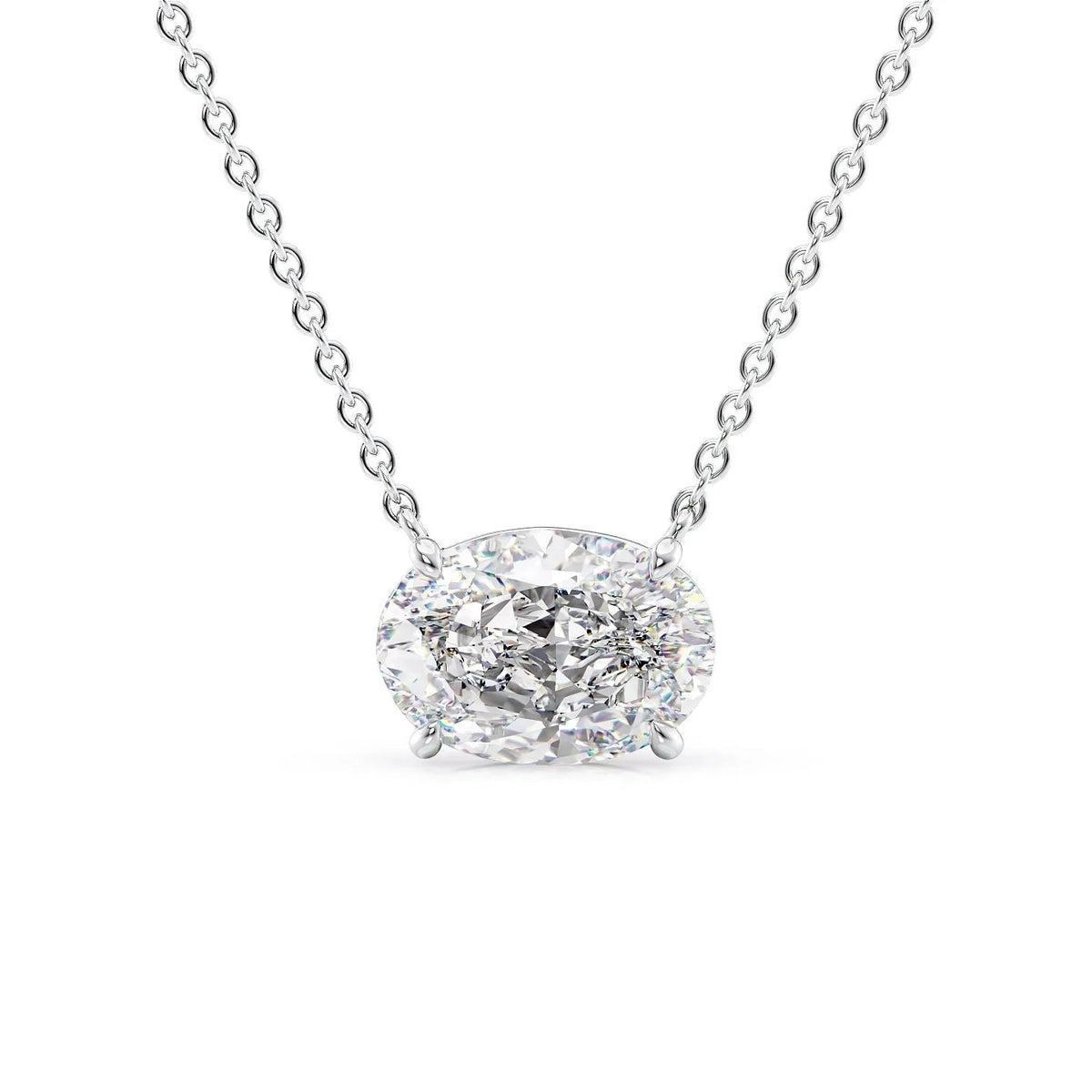 The Riley. A White Gold Pendant Set With A 2ct Oval Lab Grown Diamond. White Background.