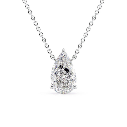 The Riley. A White Gold Pendant Set With A 2ct Pear Lab Grown Diamond. White Background.