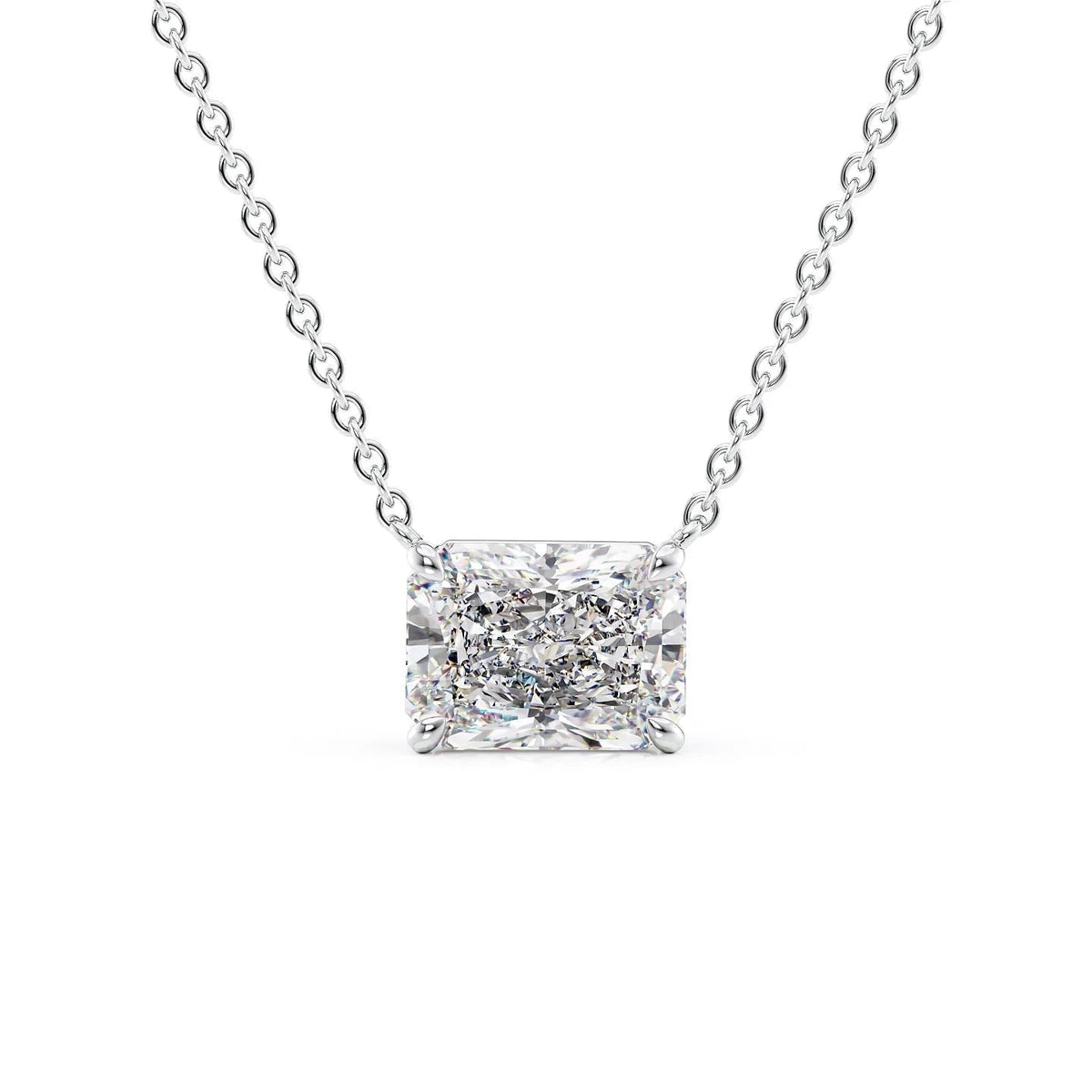 The Riley. A White Gold Pendant Set With A 2ct Radiant Lab Grown Diamond. White Background.