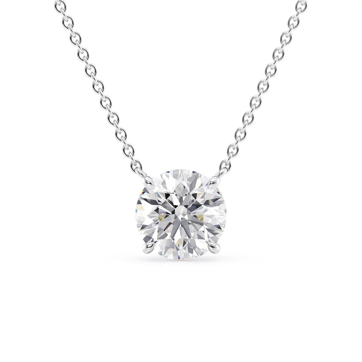 The Riley. A White Gold Pendant Set With A 2ct Round Lab Grown Diamond. White Background.