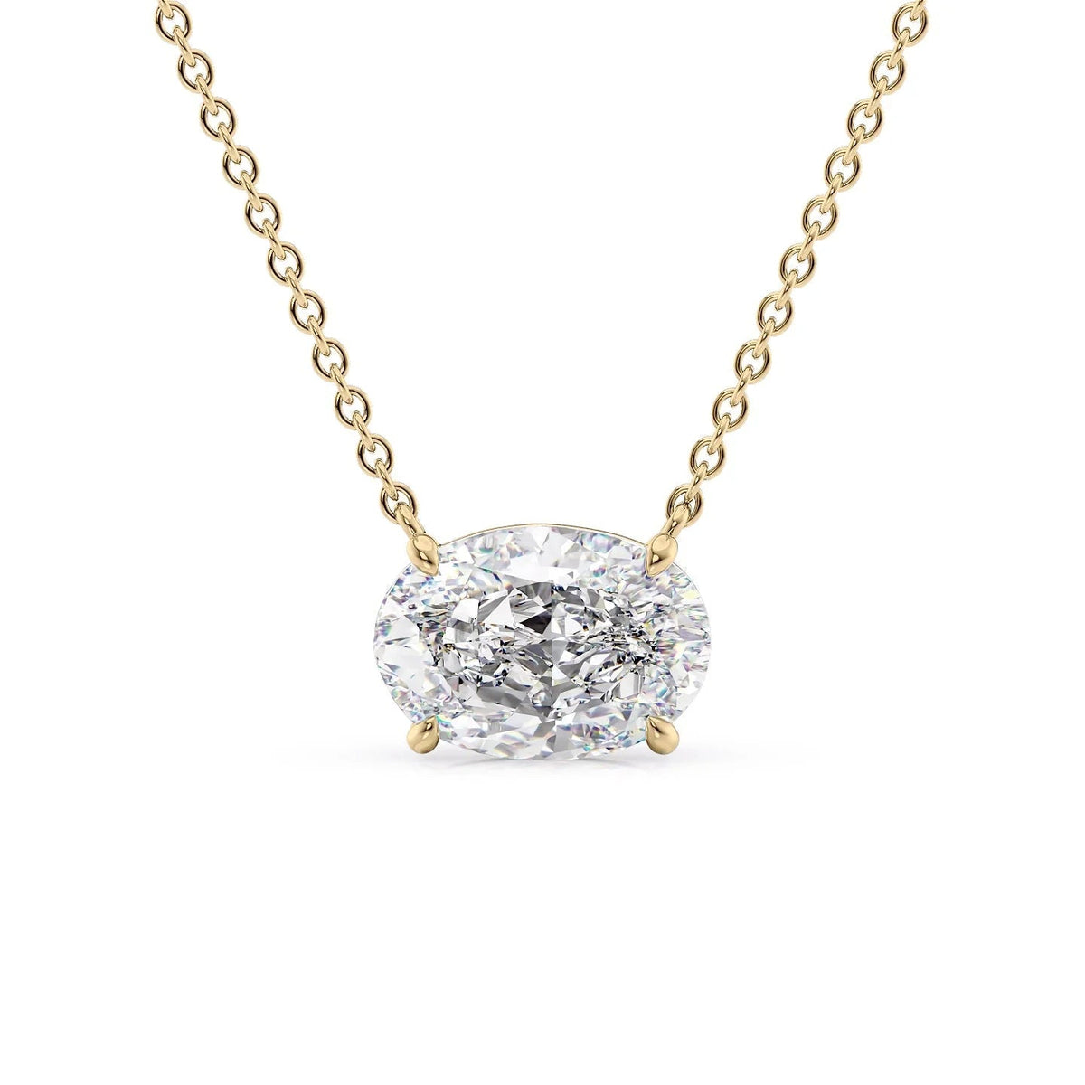 The Riley. A Yellow Gold Pendant Set With A 2ct Oval Lab Grown Diamond. White Background.