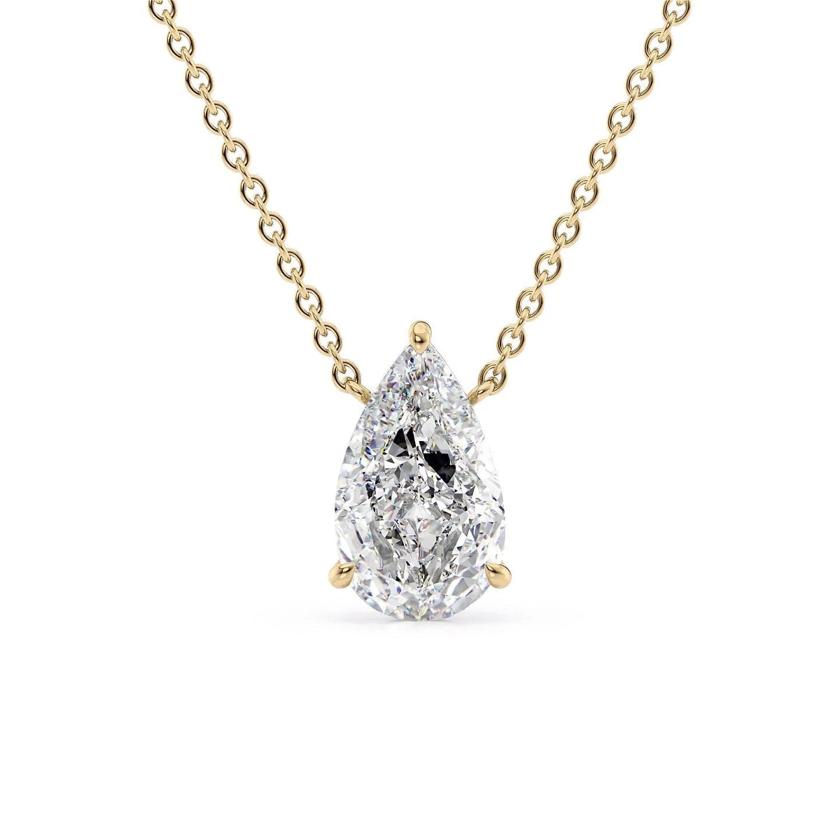 The Riley. A Yellow Gold Pendant Set With A 2ct Pear Lab Grown Diamond. White Background.