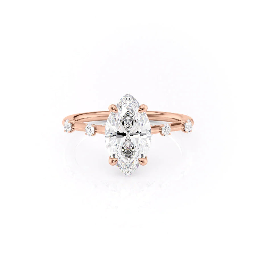 The Serena. A Rose Gold Side Stones Engagement Ring Set With A 2ct Marquise Lab Grown Diamond. White Background.