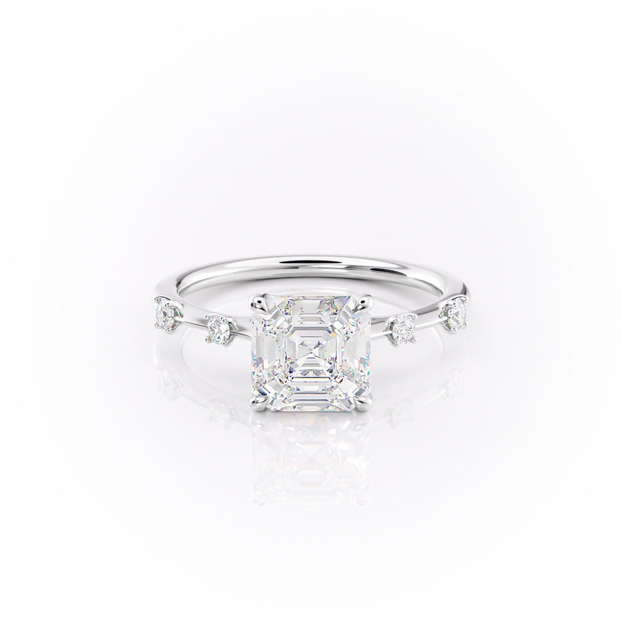 The Serena. A White Gold Side Stones Engagement Ring Set With A 2ct Asscher Lab Grown Diamond. White Background.