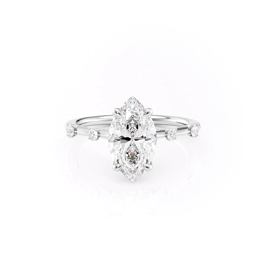 The Serena. A White Gold Side Stones Engagement Ring Set With A 2ct Marquise Lab Grown Diamond. White Background.
