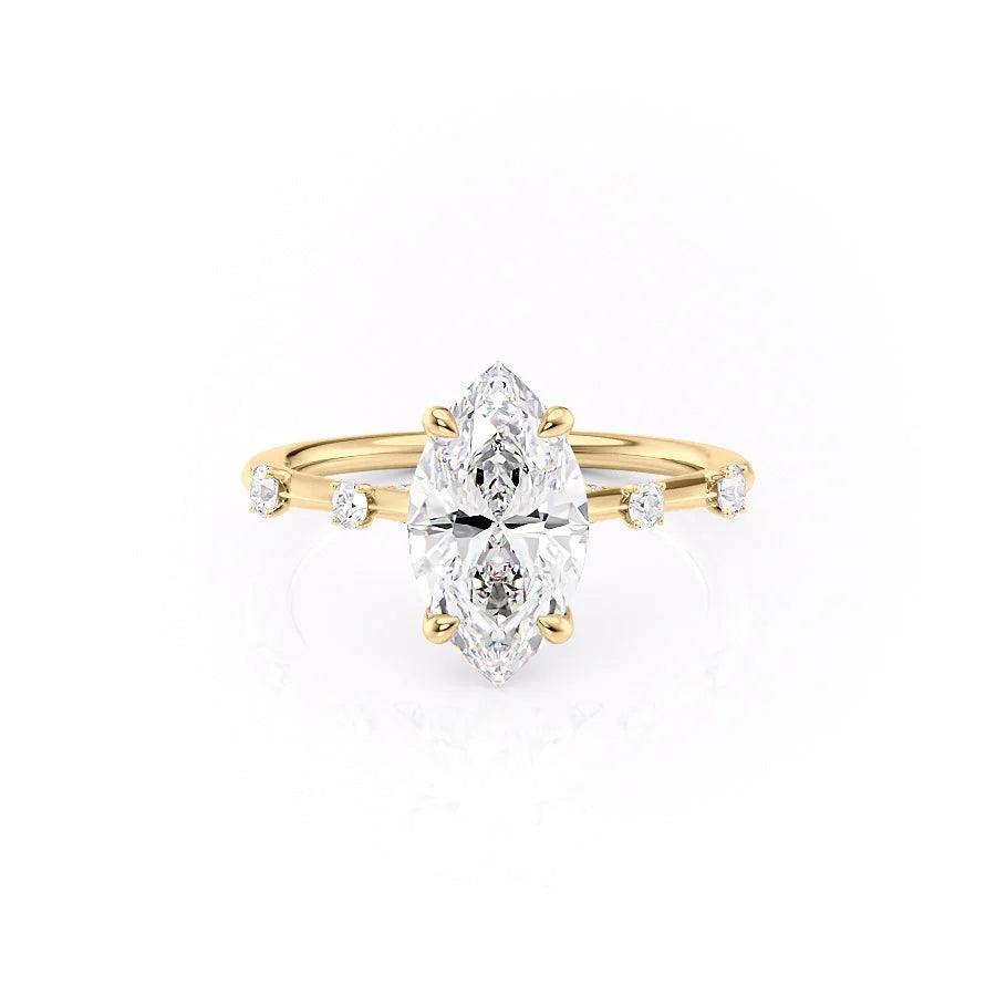 The Serena. A Yellow Gold Side Stones Engagement Ring Set With A 2ct Marquise Lab Grown Diamond. White Background.