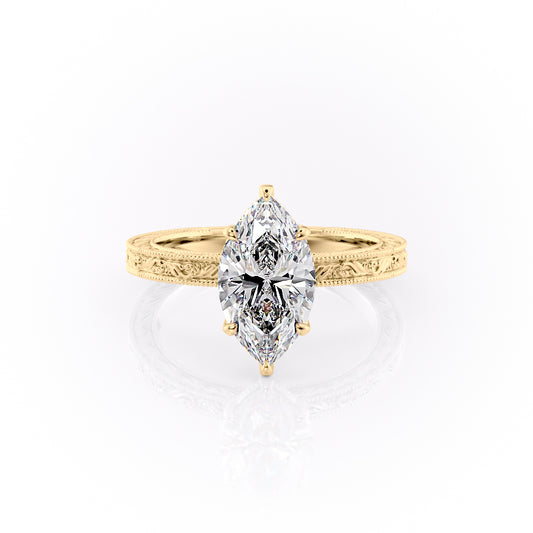 The Sierra. A Yellow Gold Vintage Engagement Ring Set With A 2ct Marquise Lab Grown Diamond. White Background.