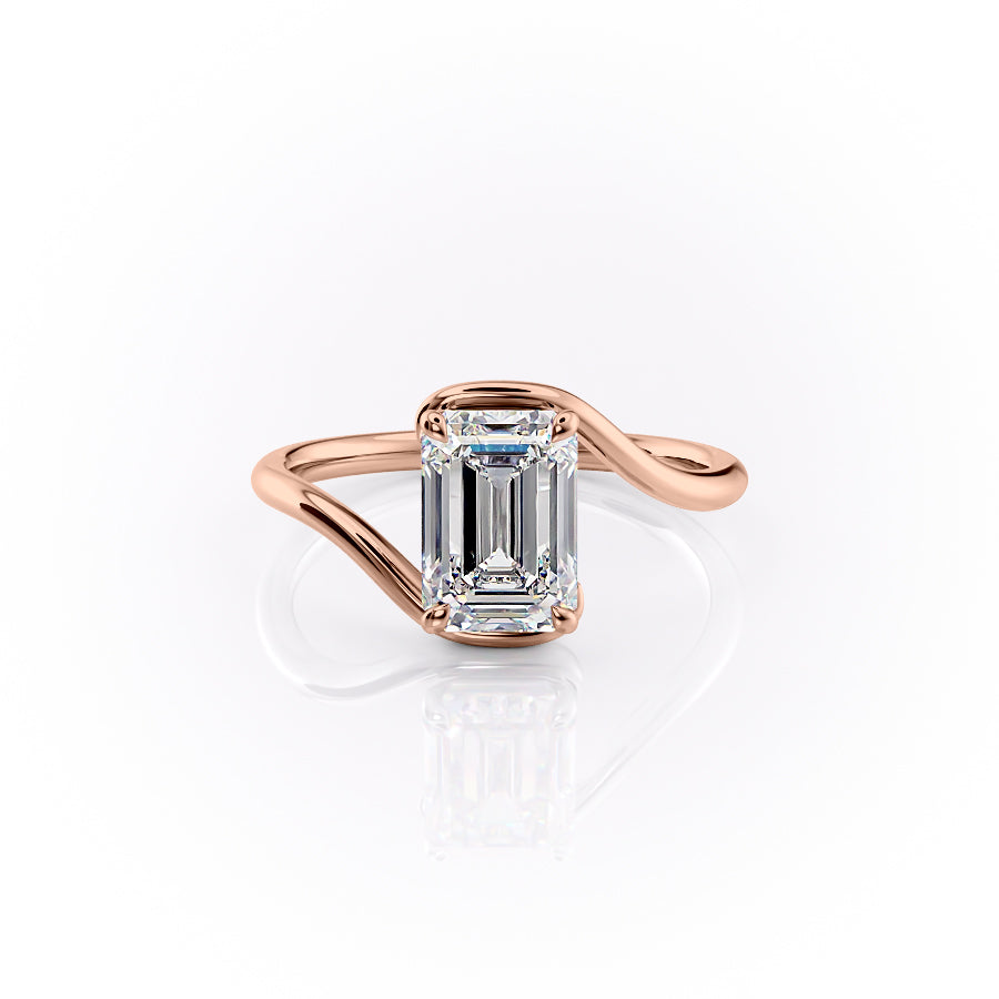 The Skyler. A Rose Gold Solitaire Engagement Ring Set With A 2ct Emerald Lab Grown Diamond. White Background.