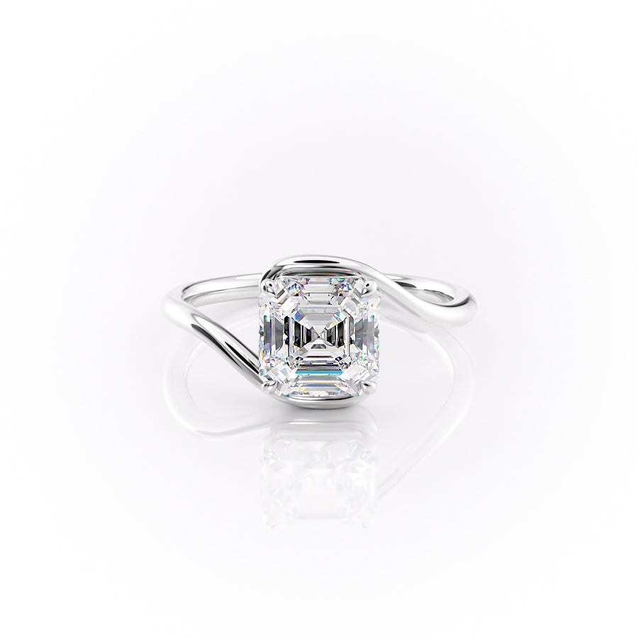 The Skyler. A White Gold Solitaire Engagement Ring Set With A 2ct Asscher Lab Grown Diamond. White Background.