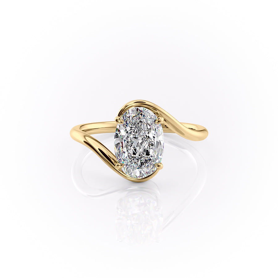 The Skyler. A Yellow Gold Solitaire Engagement Ring Set With A 2ct Oval Lab Grown Diamond. White Background.