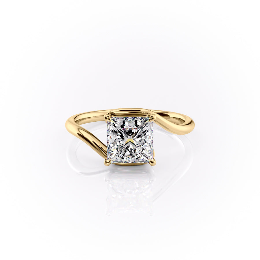 The Skyler. A Yellow Gold Solitaire Engagement Ring Set With A 2ct Princess Lab Grown Diamond. White Background.
