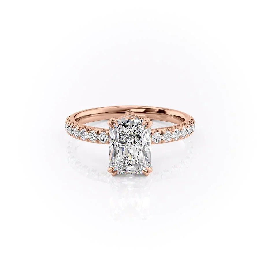 The Sofia. A Rose Gold Pave, Hidden Halo Engagement Ring Set With A 2ct Radiant Lab Grown Diamond. White Background.
