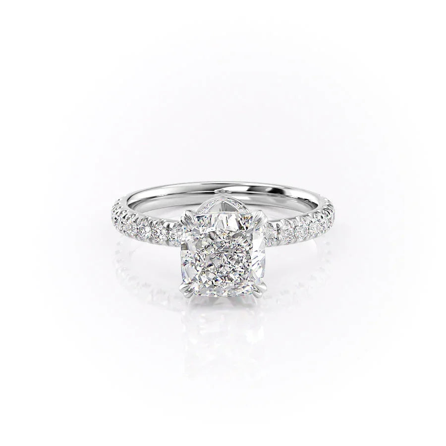 The Sofia. A White Gold Pave, Hidden Halo Engagement Ring Set With A 2ct Cushion Lab Grown Diamond. White Background.
