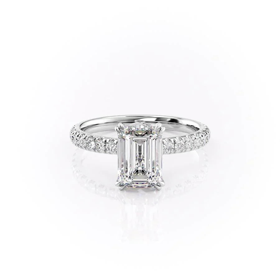 The Sofia. A White Gold Pave, Hidden Halo Engagement Ring Set With A 2ct Emerald Lab Grown Diamond. White Background.