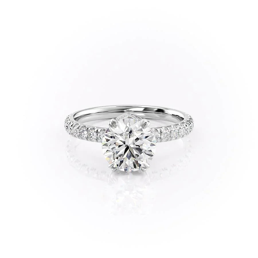 The Sofia. A White Gold Pave, Hidden Halo Engagement Ring Set With A 2ct Round Lab Grown Diamond. White Background.