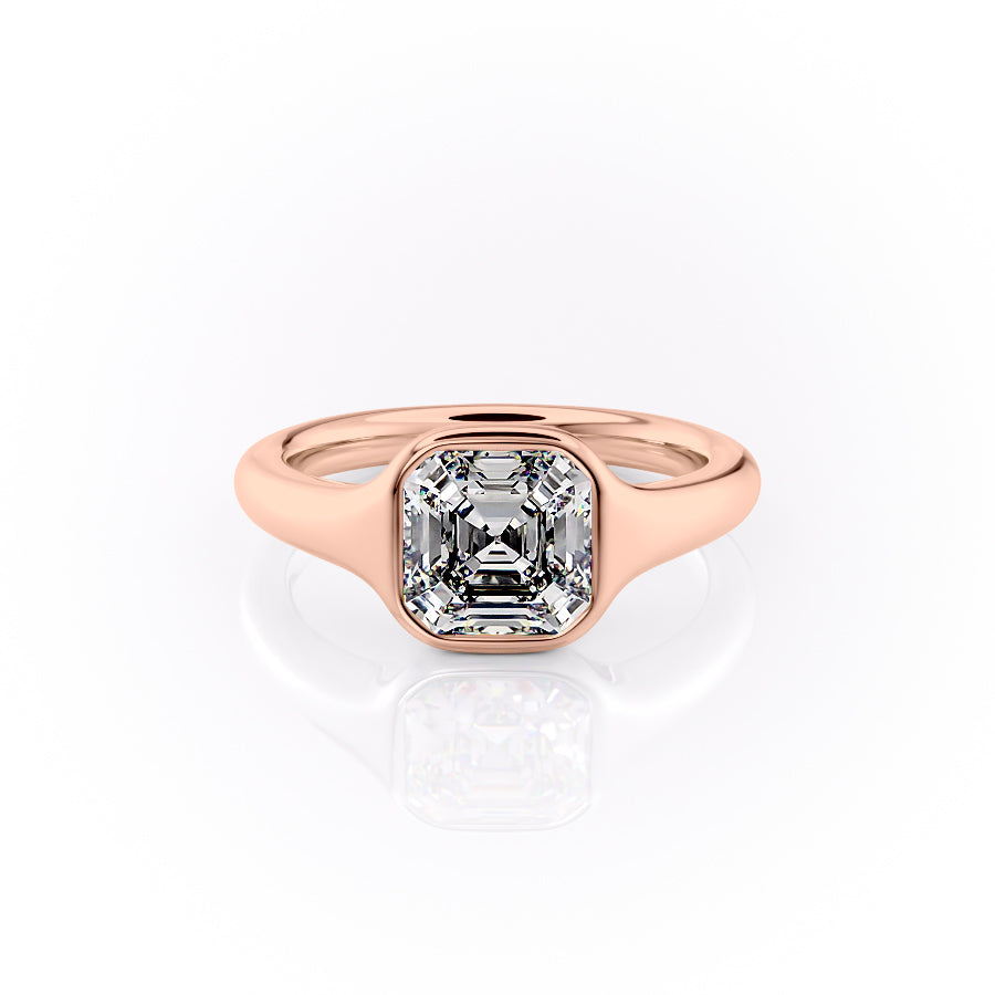 The Stella. A Rose Gold Vintage, Solitaire Engagement Ring Set With A 2ct Asscher Lab Grown Diamond. White Background.