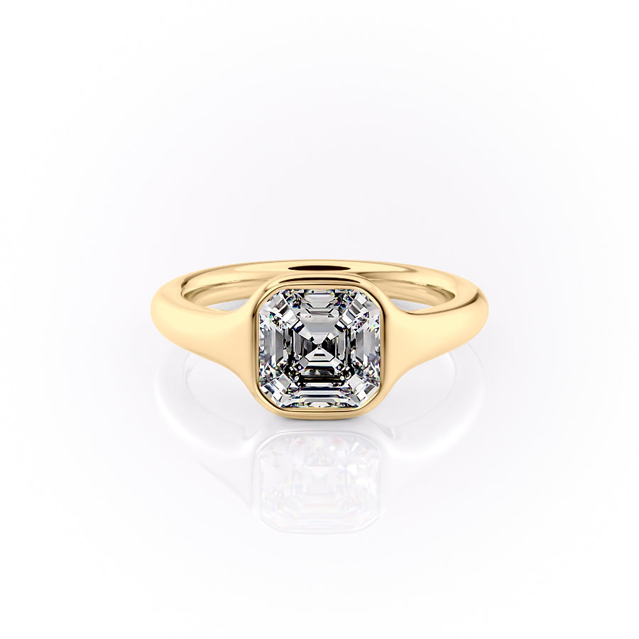 The Stella. A Yellow Gold Vintage, Solitaire Engagement Ring Set With A 2ct Asscher Lab Grown Diamond. White Background.