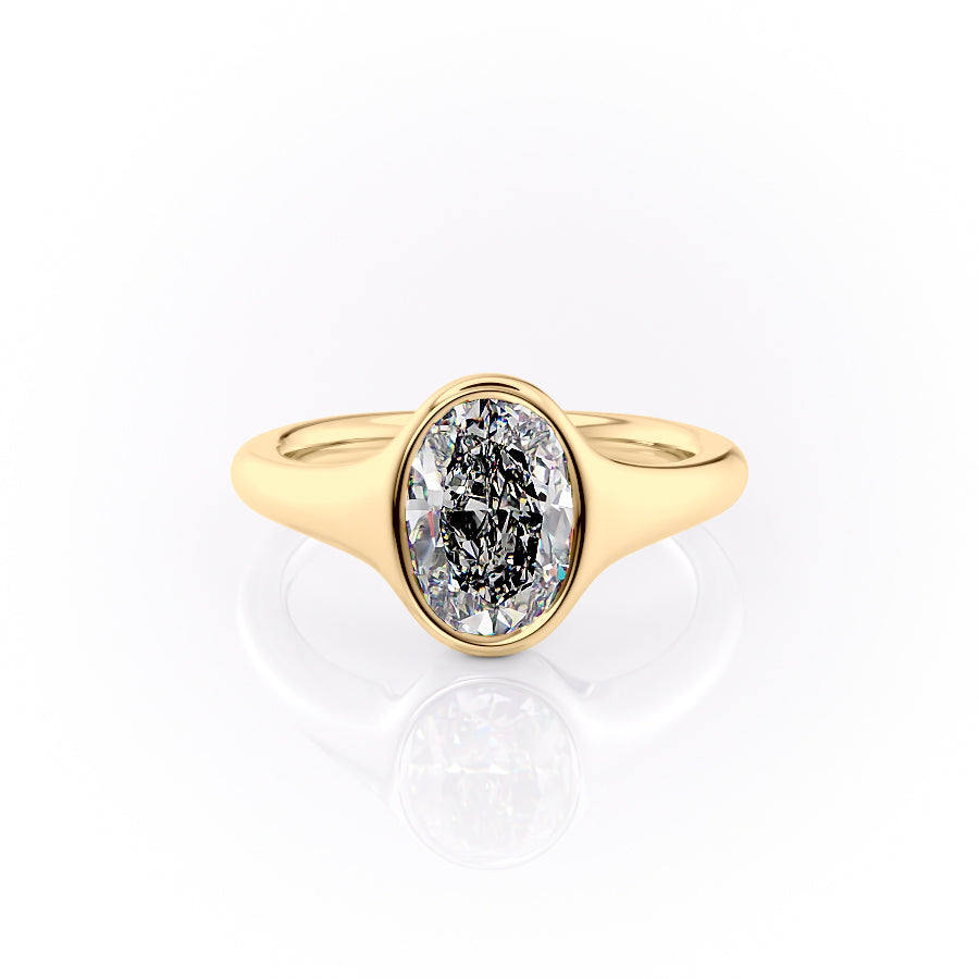The Stella. A Yellow Gold Vintage, Solitaire Engagement Ring Set With A 2ct Oval Lab Grown Diamond. White Background.
