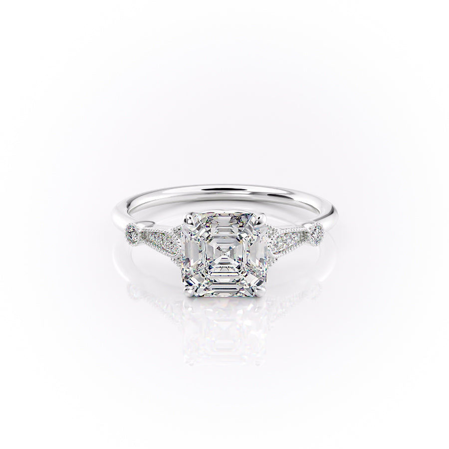 The Stephanie. A White Gold Vintage, Side Stones Engagement Ring Set With A 2ct Asscher Lab Grown Diamond. White Background.
