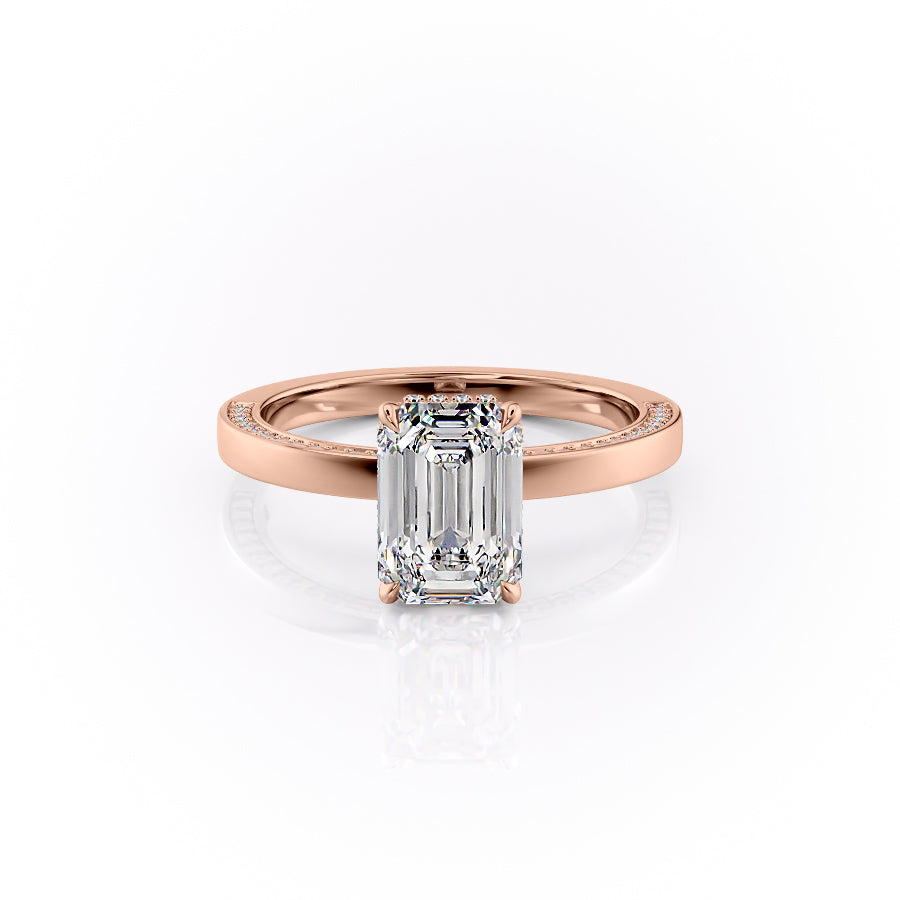 The Sydney. A Rose Gold Hidden Halo, Solitaire, Pave Engagement Ring Set With A 2ct Emerald Lab Grown Diamond. White Background.