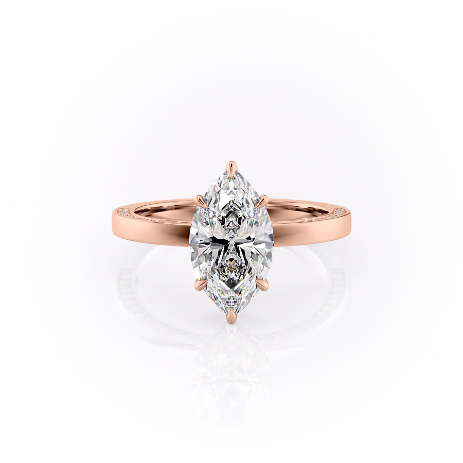 The Sydney. A Rose Gold Hidden Halo, Solitaire, Pave Engagement Ring Set With A 2ct Marquise Lab Grown Diamond. White Background.