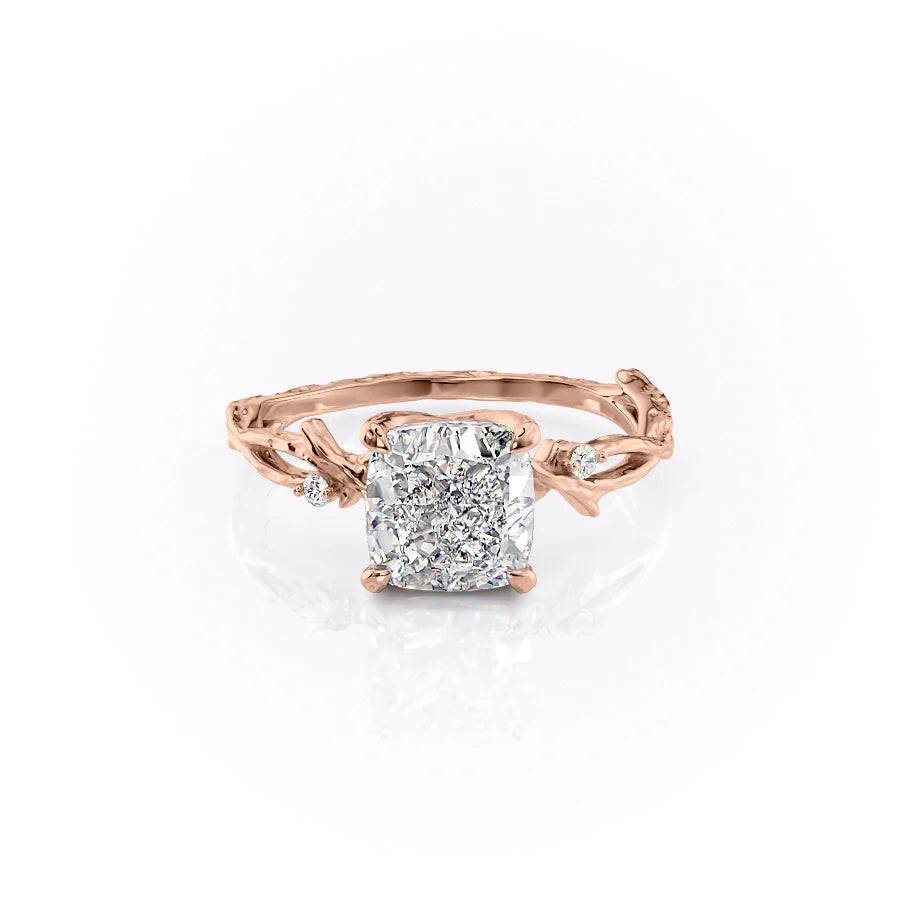 The Textured Twig. A Rose Gold Solitaire, Nature, Three Stone, Side Stones Engagement Ring Set With A 2ct Cushion Lab Grown Diamond. White Background.