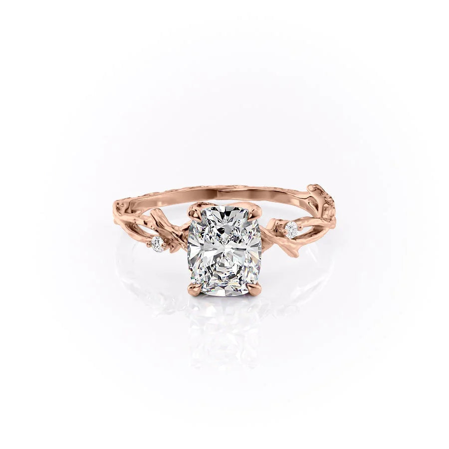 The Textured Twig. A Rose Gold Solitaire, Nature, Three Stone, Side Stones Engagement Ring Set With A 2ct Elongated Cushion Lab Grown Diamond. White Background.