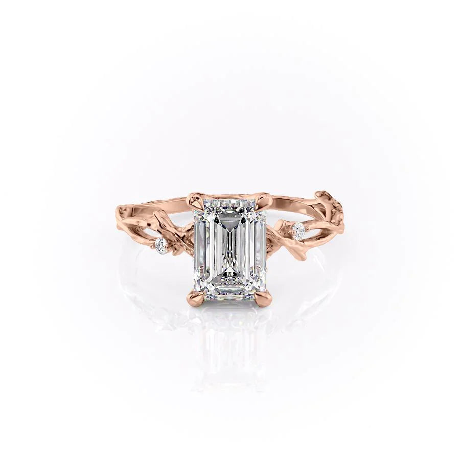 The Textured Twig. A Rose Gold Solitaire, Nature, Three Stone, Side Stones Engagement Ring Set With A 2ct Emerald Lab Grown Diamond. White Background.