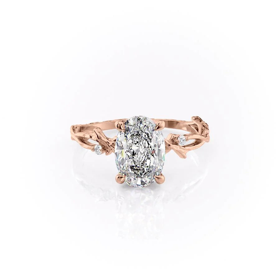 The Textured Twig. A Rose Gold Solitaire, Nature, Three Stone, Side Stones Engagement Ring Set With A 2ct Oval Lab Grown Diamond. White Background.