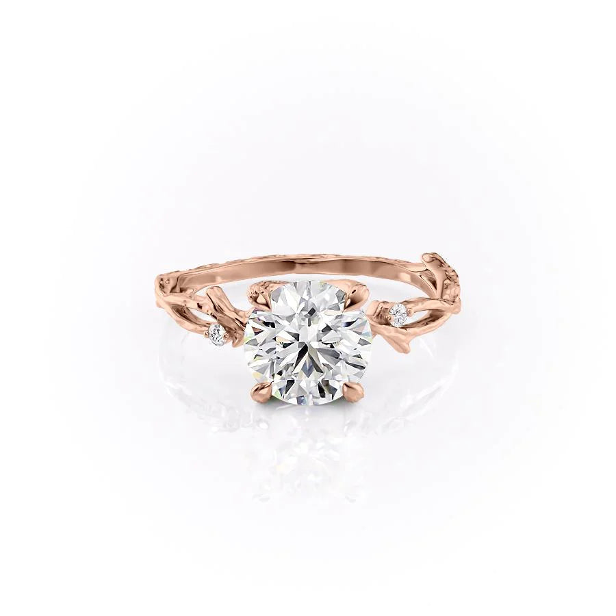 The Textured Twig. A Rose Gold Solitaire, Nature, Three Stone, Side Stones Engagement Ring Set With A 2ct Round Lab Grown Diamond. White Background.