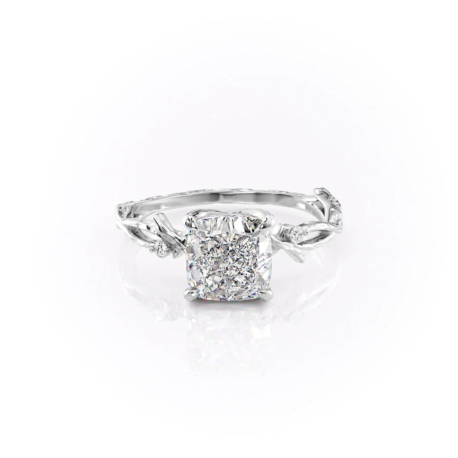 The Textured Twig. A White Gold Solitaire, Nature, Three Stone, Side Stones Engagement Ring Set With A 2ct Cushion Lab Grown Diamond. White Background.