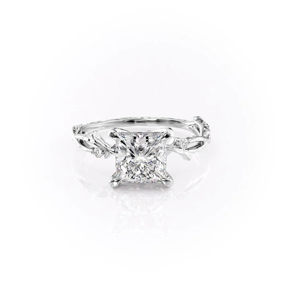 The Textured Twig. A White Gold Solitaire, Nature, Three Stone, Side Stones Engagement Ring Set With A 2ct Princess Lab Grown Diamond. White Background.