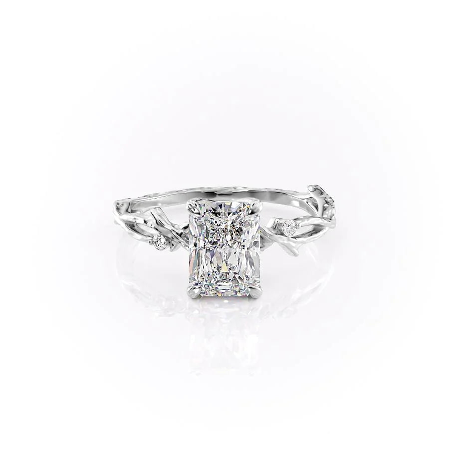The Textured Twig. A White Gold Solitaire, Nature, Three Stone, Side Stones Engagement Ring Set With A 2ct Radiant Lab Grown Diamond. White Background.