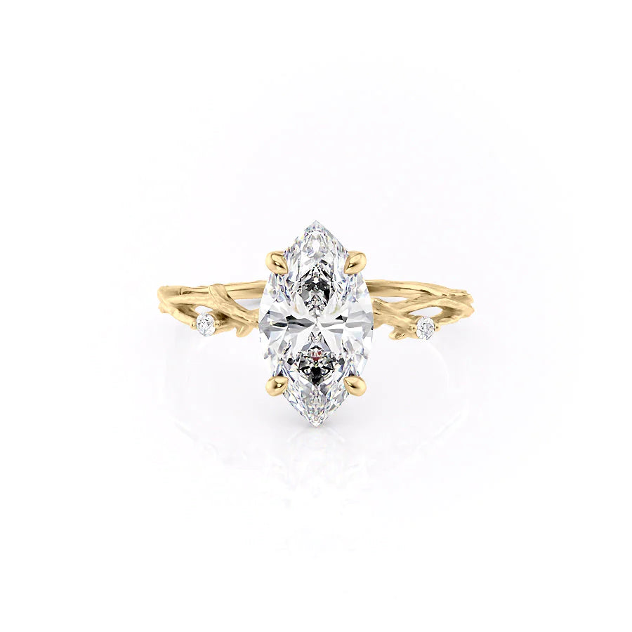 The Textured Twig. A Yellow Gold Solitaire, Nature, Three Stone, Side Stones Engagement Ring Set With A 2ct Marquise Lab Grown Diamond. White Background.