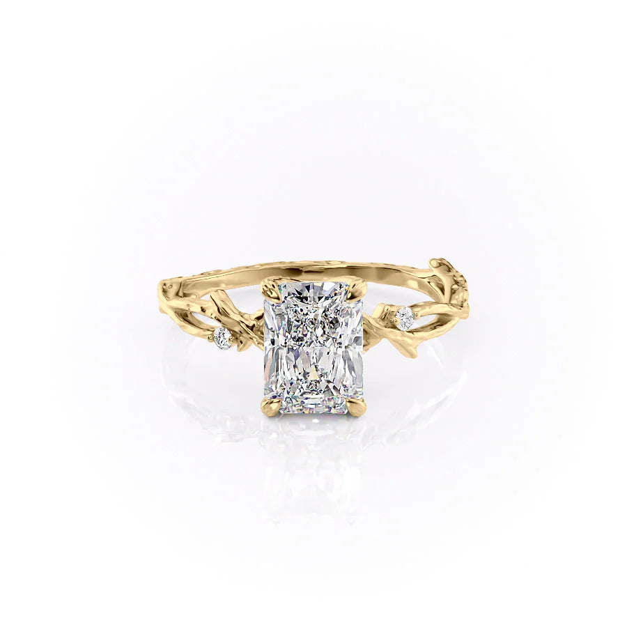 The Textured Twig. A Yellow Gold Solitaire, Nature, Three Stone, Side Stones Engagement Ring Set With A 2ct Radiant Lab Grown Diamond. White Background.