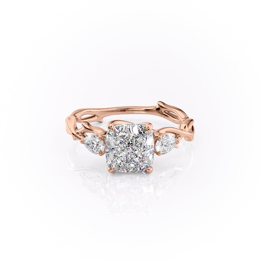 The Three Stone Twig. A Rose Gold Nature Engagement Ring Set With A 2ct Cushion Lab Grown Diamond. White Background.
