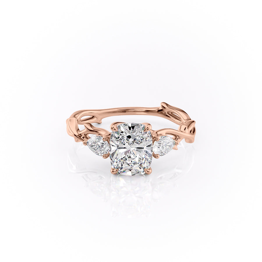 The Three Stone Twig. A Rose Gold Nature Engagement Ring Set With A 2ct Elongated Cushion Lab Grown Diamond. White Background.