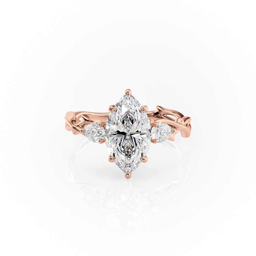 The Three Stone Twig. A Rose Gold Nature Engagement Ring Set With A 2ct Marquise Lab Grown Diamond. White Background.